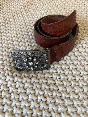 Guess Embossed Brown Leather Belt with Ornate Silver Buckle